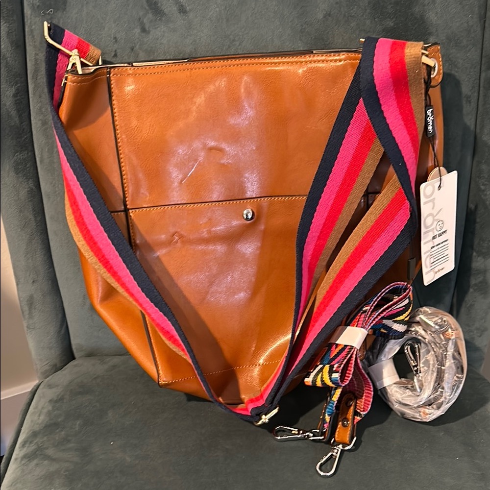 Boho Chic Tan Leather Bag with Multicolor Strap